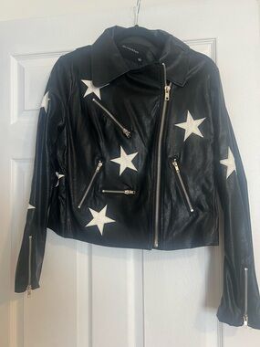 Olivaceous Black Leather Moto Jacket with White Star Appliqués